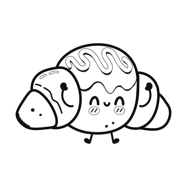 有趣可爱的快乐羊角包人物套装。矢量卡哇伊线卡通风格插画。可爱的羊角面包吉祥物人物集合，轮廓卡通插图为涂色书图片下载