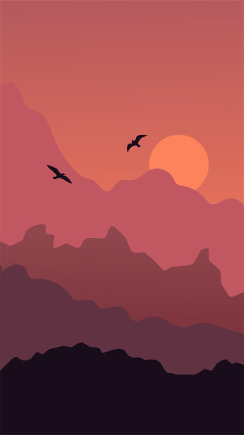 自然矢量背景，风景与山，太阳和海鸥。日落或日出时的全景。图片下载