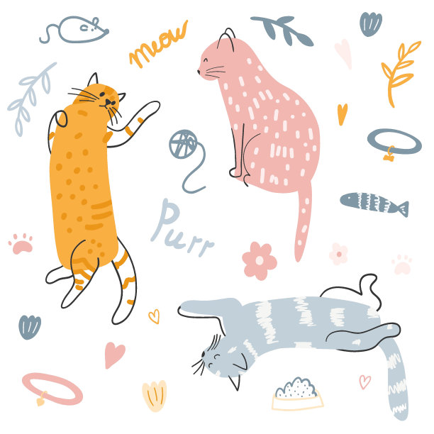 一套手绘的可爱的彩色猫。矢量插图的小猫，有趣的动物海报，织物印花，儿童纺织，卡片设计图片下载