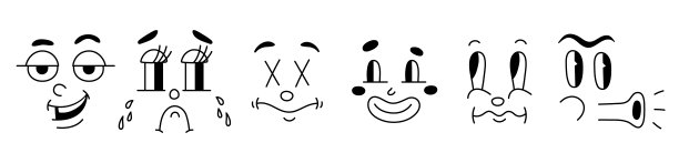 复古三十年代人物吉祥物，五六十年代漫画面孔表情。古怪的眼睛和嘴巴卡通动画在滑稽的风格，复古头像矢量背景图片下载