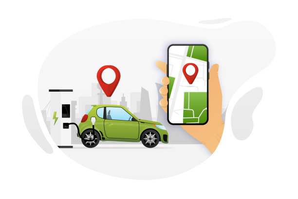 充电站上的电动汽车。带有地图站的移动APP。电池电动汽车插上电。矢量插图。图片下载