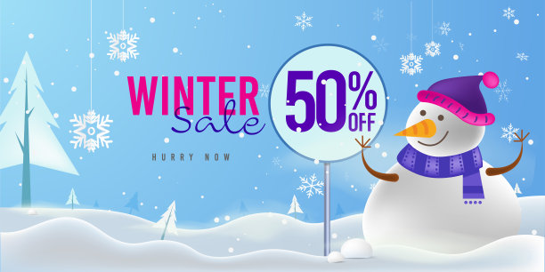 冬季销售横幅模板雪人与报价招牌板在雪的背景图片下载