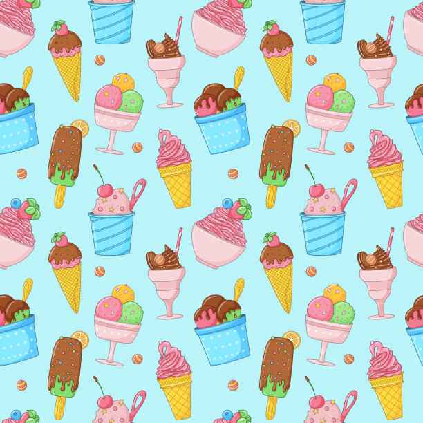 夏日无缝图案，搭配卡通亮面冰淇淋、冰棒、草莓、巧克力。包装纸、面料、墙纸设计。夏日的香的食物。矢量彩色插图在蓝色背景。图片下载
