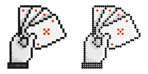 像素图标。手握扑克牌。赌场里的职业扑克赌博。简单的复古游戏矢量孤立在白色背景上图片下载