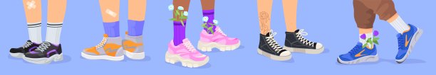 穿着运动鞋的卡通脚。人的腿穿着彩色的运动运动鞋与花朵，时尚的美人鞋为积极的行走，皮鞋靴流行90年代，整齐的矢量插画图片下载