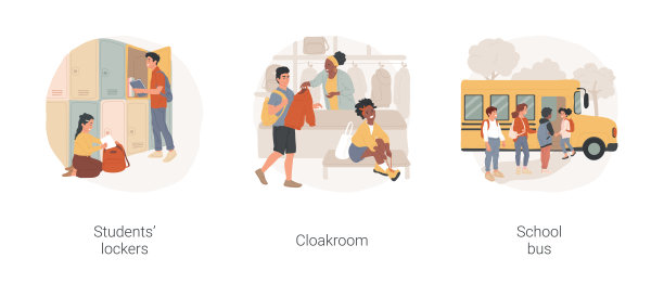 学生生活在传统公立学校孤立的卡通矢量插图集。图片下载