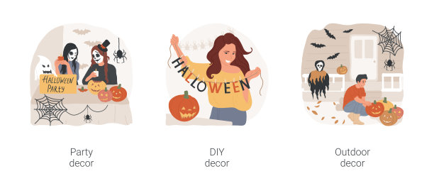 万圣节家居装饰孤立卡通矢量插图套装。图片下载