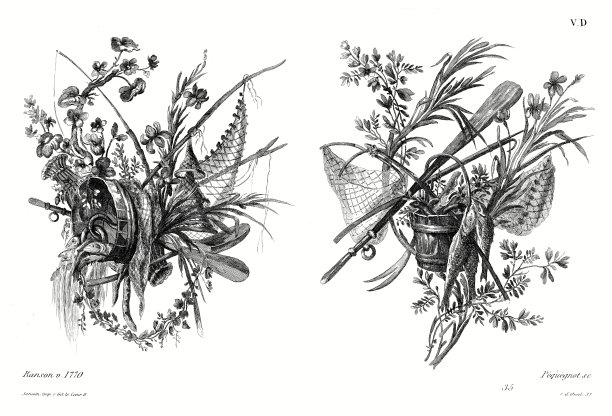 钓鱼战利品，Pierre Ranson，约1770年(2个图案)。路易十五时期，《老装饰》1875年。图片下载