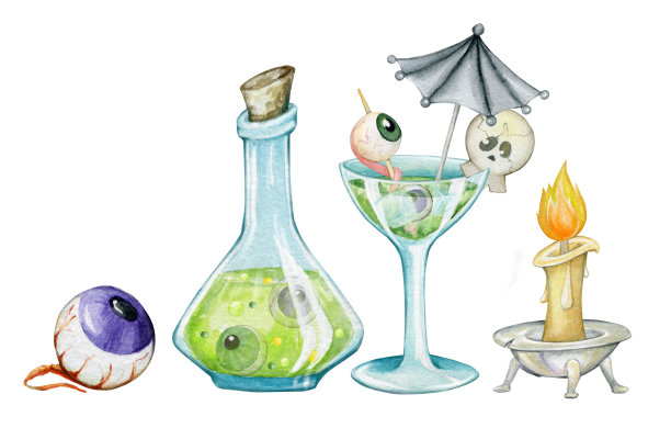 鸡尾酒和药剂装在烧瓶里，酒杯，蜡烛，眼睛。水彩元素集，卡通风格，在一个孤立的背景，为万圣节假期图片下载
