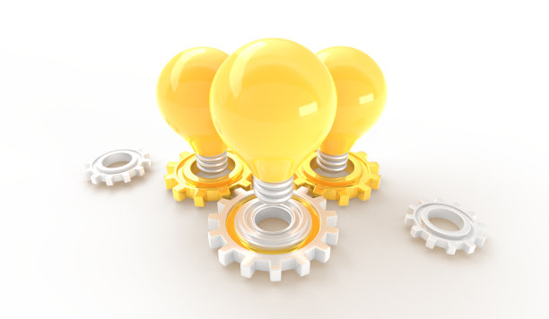 发光的灯泡在齿轮或齿轮机构3D渲染。创意概念。创造性的解决方案，科学的调查和创业启动，等距的网页横幅图片下载