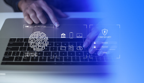 人触摸虚拟屏幕扫描指纹，数字化转型管理理念。物联网、大数据和业务流程、自动化、存储系统、云计算图片下载