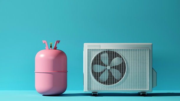 空调系统旁边的粉色氟利昂加注罐图片下载