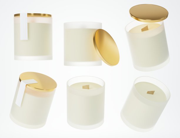 香气蜡烛木制灯芯在白色陶瓷罐与黄金盖子3D渲染，品牌和设计准备商业模型与复制空间图片下载