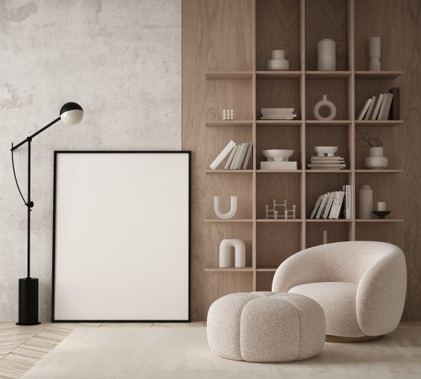 模拟海报框架在现代室内背景，客厅，斯堪的纳维亚风格，3D渲染，3D插画图片下载