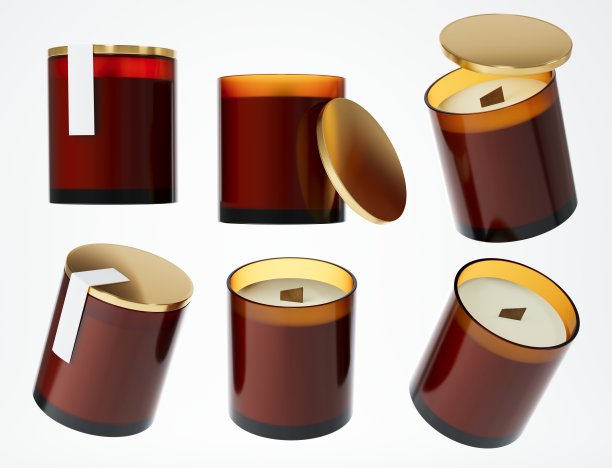 香气蜡烛木制灯芯在棕色玻璃罐与黄金盖子3D渲染，品牌和设计准备商业模型与复制空间图片下载