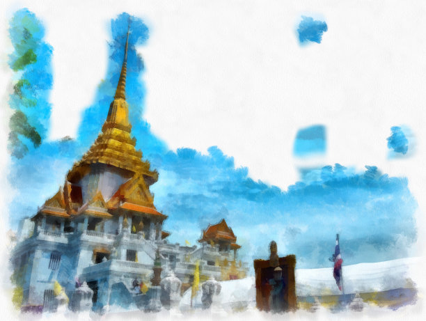 泰国曼谷的古代建筑和古代艺术景观水彩风格插画印象派绘画。图片下载