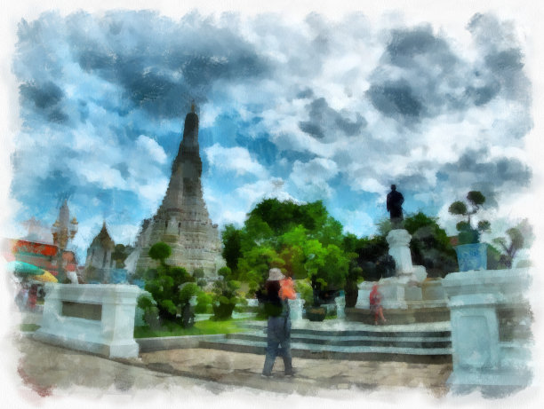 泰国曼谷的古代建筑和古代艺术景观水彩风格插画印象派绘画。图片下载