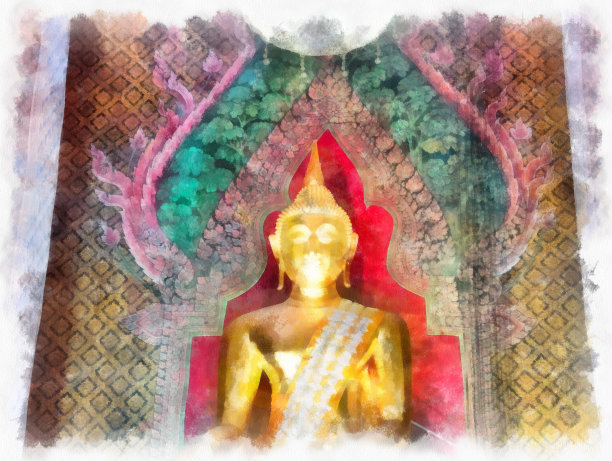 泰国曼谷的古代建筑和古代艺术景观水彩风格插画印象派绘画。图片下载