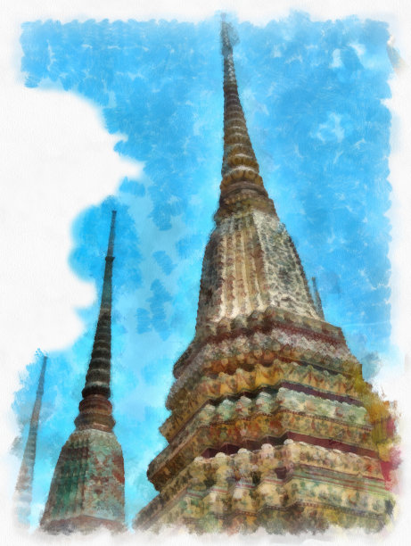 泰国曼谷的古代建筑和古代艺术景观水彩风格插画印象派绘画。图片下载