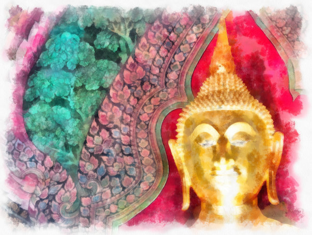 泰国曼谷的古代建筑和古代艺术景观水彩风格插画印象派绘画。图片下载