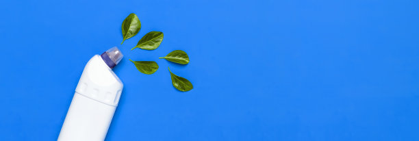 白色塑料瓶，用于液体洗涤剂，清洗剂，漂白剂，抗菌凝胶，天然植物提取物和绿色树叶在蓝色背景。生态风格的清洁理念。平铺俯视图图片下载