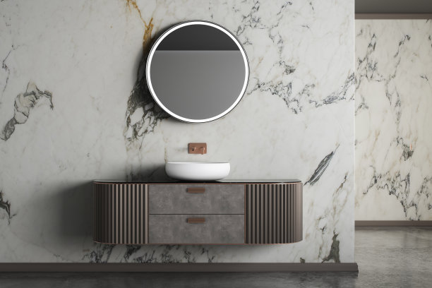 现代豪华浴室，白色大理石墙壁，浴缸，混凝土地板，室内植物，厕所，坐浴盆，前视图。漂亮的房间，有现代化的家具和窗户。三维渲染图片下载