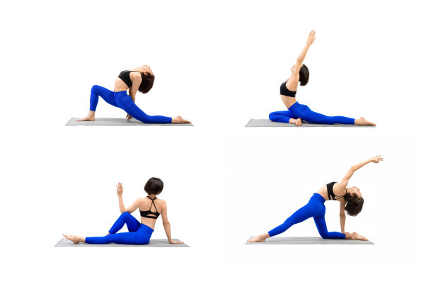 一套瑜伽体式。有吸引力的30岁白人妇女与理发练习4 pose，平衡和背部伸展，拼贴，孤立的白色。图片下载