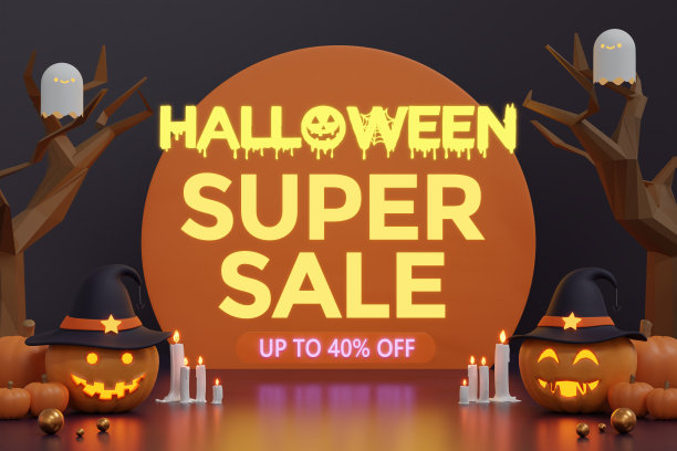 快乐的万圣节销售横幅与南瓜3d渲染图片下载