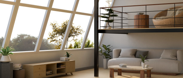 现代舒适的斯堪的纳维亚公寓工作室客厅内部与夹层图片下载