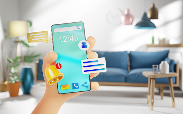 可爱的手握智能手机图标在客厅未来现代生活概念3D渲染图片下载