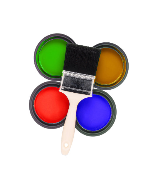 四个彩色油漆罐与画笔隔离在白色背景图片下载