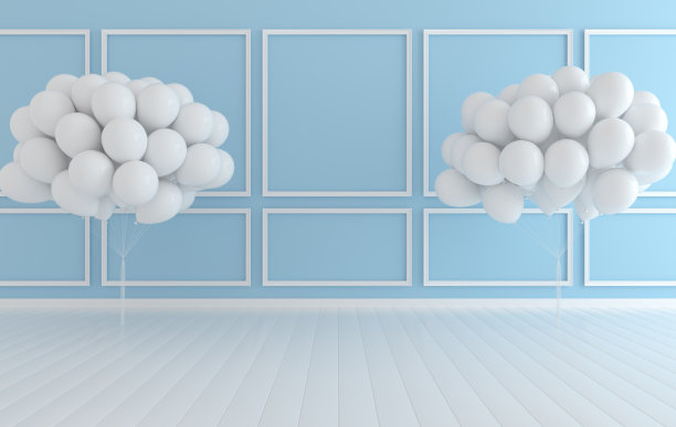 经典的内墙和一堆气球。墙壁与模塑板，木地板，经典飞檐。地面拼花。3d渲染数字室内模拟插图。蓝色和白色的颜色图片下载