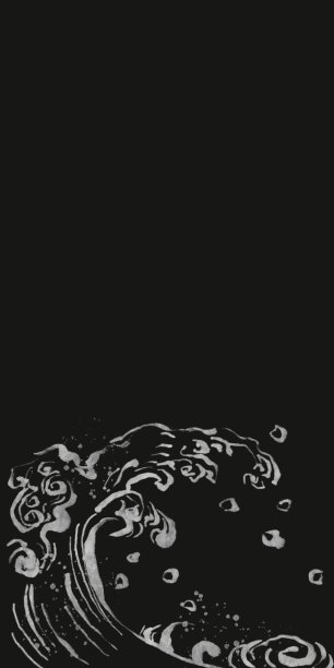 垂直黑色抽象横幅与银色波浪图案。描线的传统日本海洋和水飞溅图像在黑色背景。用刷子笔触旋转。带有文本空格的模板图片下载