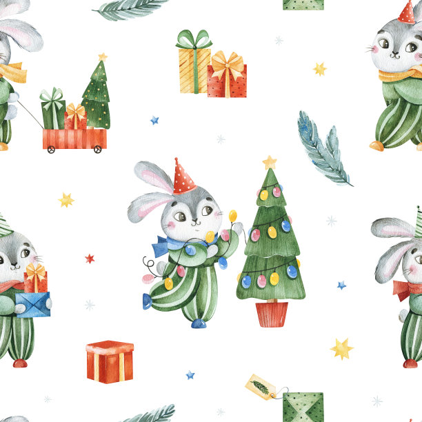 水彩圣诞快乐无缝背景图片下载