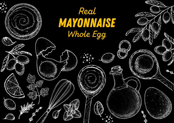 蛋黄酱烹饪及食材草图，手绘矢量插图。自制蛋黄酱，设计元素。手绘，包装设计。图片下载
