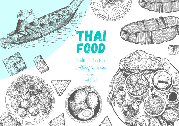亚洲食物的背景。亚洲食品的海报。泰国菜菜单餐厅。泰国菜速写菜单。矢量插图。图片下载