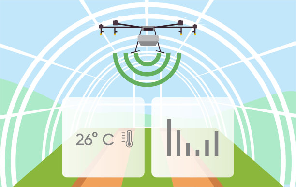 温室中无人机控制的智能农场示意图。农业企业创新技术。数据可视化，天气信息图。模板用于网页，打印，报告。图片下载