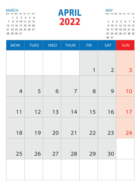 2022年挂历模板- 2022年4月，周从周一开始，2022年挂历设计，台历模板，企业计划表，文具，组织者日记，印刷媒体，矢量图片下载