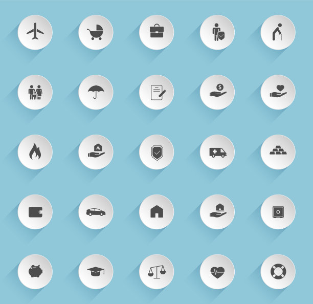 保险矢量图标在圆形膨胀的纸圈与蓝色背景上的透明阴影。保险股票矢量图标的网页，移动和用户界面设计图片下载