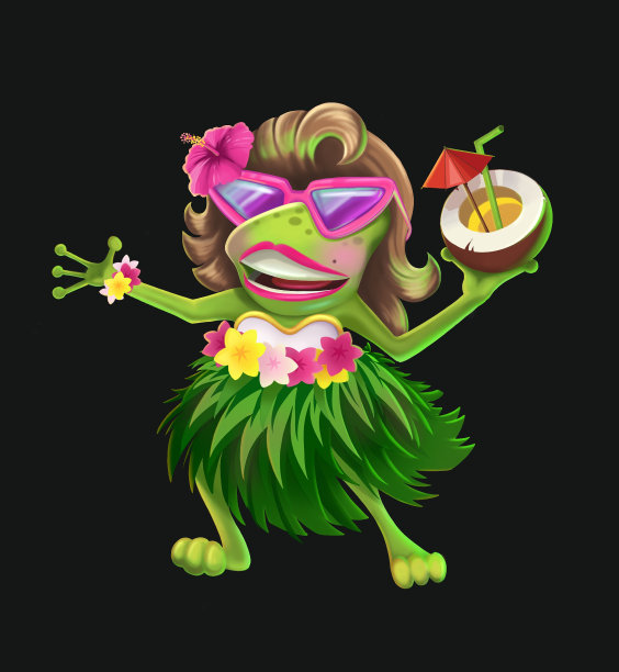 青蛙卡通拿着夏威夷插画。夏威夷阿罗哈热带夏天。夏威夷的方图片下载