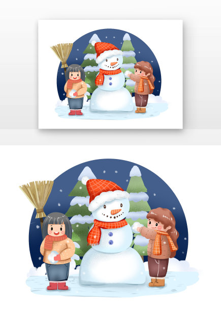 夜晚植物扫把下雪雪地里两个女孩堆雪人元素图片下载