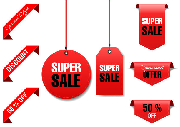 超级销售写红色价格标签和横幅设置图片下载