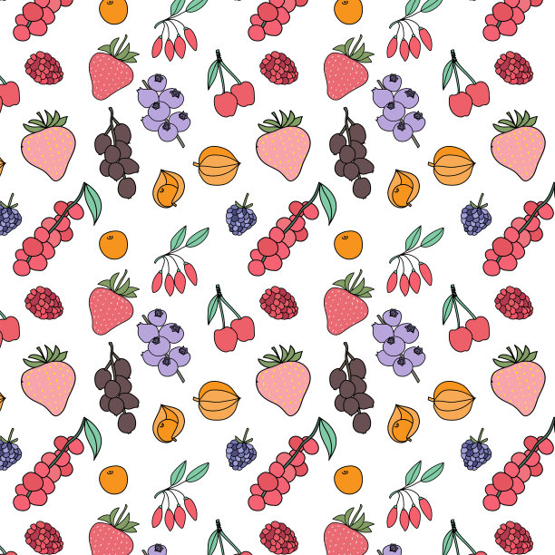 无缝模式背景手绘矢量混合浆果水果的白色背景图片下载