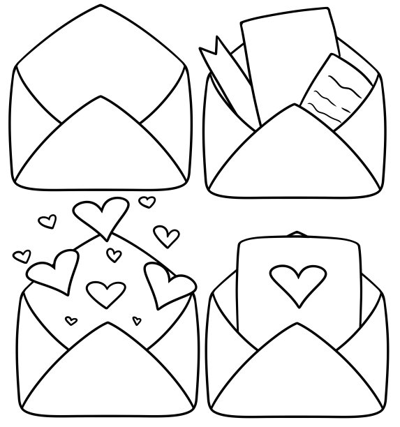 单色卡通风格的浪漫信封，美丽可爱的信封上有爱心和爱的宣言图片下载