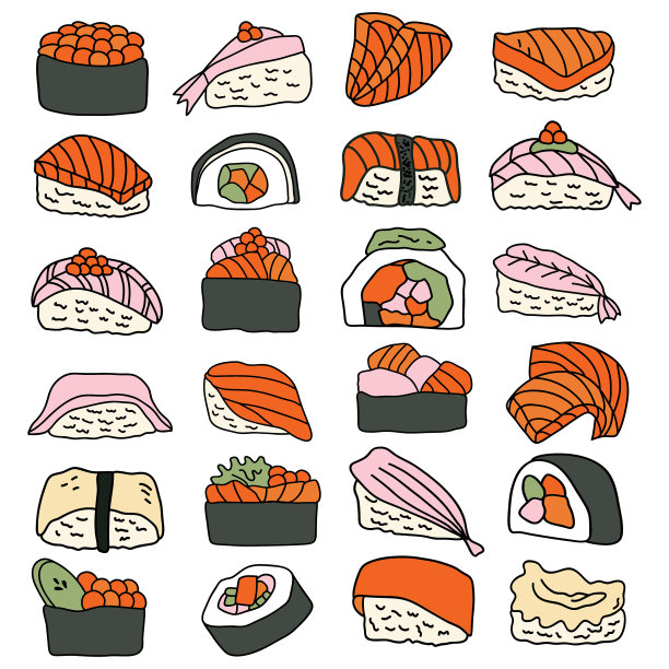 在白色背景上的涂鸦艺术风格的手绘书面食图片下载