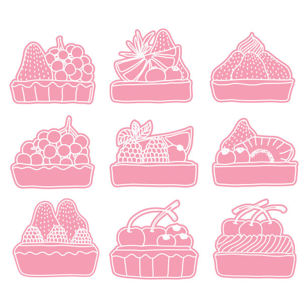 手绘涂鸦水果挞集合在柔和的粉红色和白色调图片下载