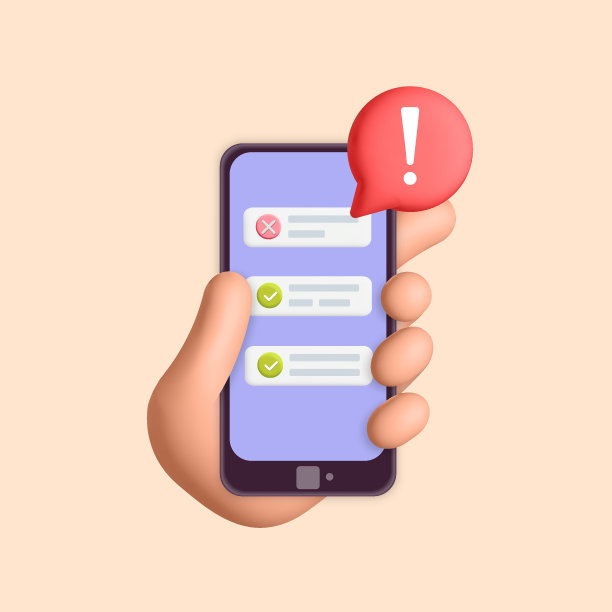 3d矢量手持智能手机与清单移动应用程序和红色警报感叹号设计插图图片下载