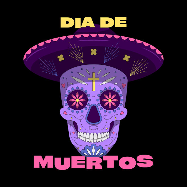 亡灵节——亡灵节。矢量轮廓卡通插图与墨西哥宽边帽骷髅。黑色背景图片下载
