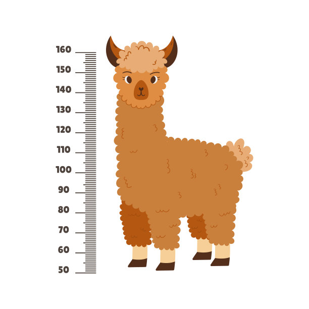 婴儿尺刻度与可爱的羊驼。儿童身高计与卡通有趣的动物和厘米生长图表，墙壁贴纸图片下载