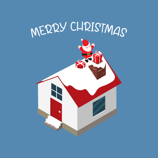 屋顶上有圣诞老人的等距圣诞横幅，从烟囱里送圣诞礼物图片下载